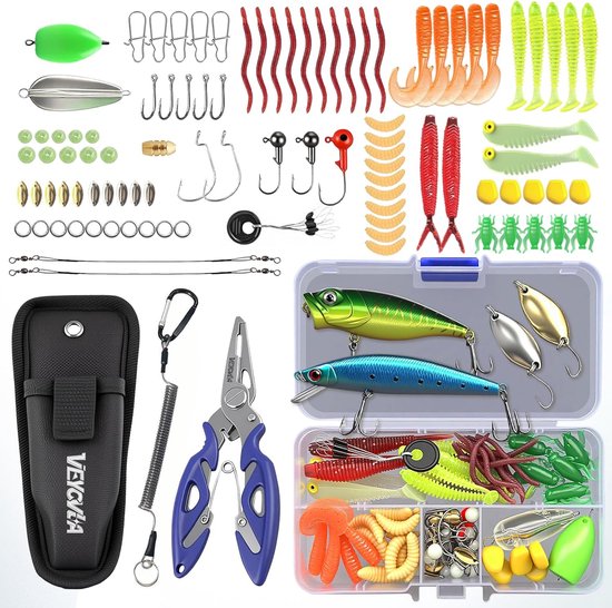 SnelShoppen - 101-delige Kunstaas-set met Doos, Gemengd Vissersrubber, Spinner, VIB, Hooghakken, Enkele Haak, Tangen, Ladder, voor Zoetwater en Zoutwa