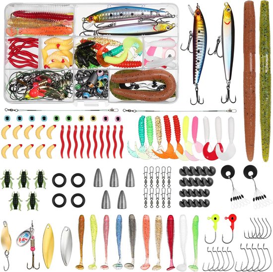 SnelShoppen - 123-delige Mackerel Bait Set, Zeefishing Lures met Feathers, Spinners, Hardbaits, Softbaits en Tackle Box voor Mackerel, Snoek, Forel