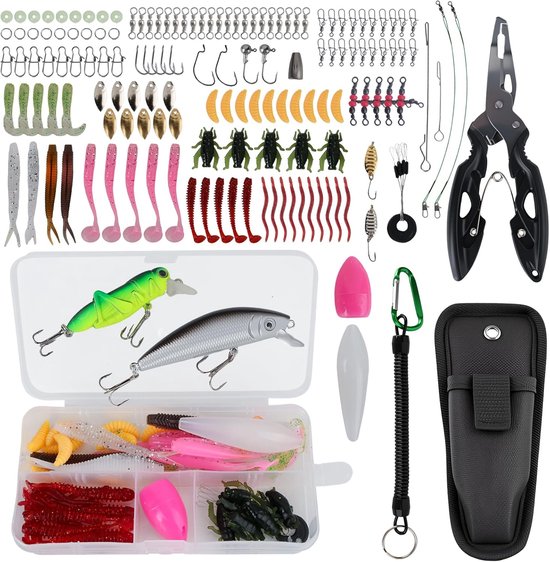 SnelShoppen - 153-delig Vissersaas Set met 29 Varianten & Lure Box, Premium Wobbler, Rubber Vissen voor Verse/Zoute Wateren, Compleet voor Beginners e