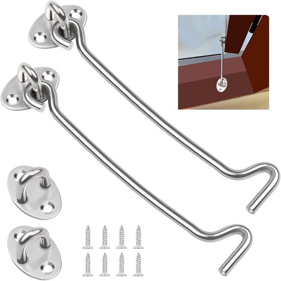 SnelShoppen - 2 Pcs Storm Hooks met Hangring, 10 Inch RVS Deursluiting, Stevige Sluitingen voor Tuin, Huis, Schutting, Incl. 8 Schroeven
