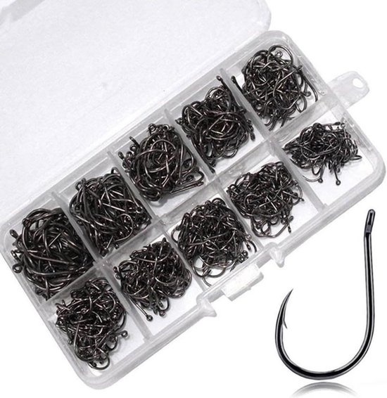 SnelShoppen - 200 Stuks Vis Haken Set 10 Maten 3-12 Carbon Staal Haken met Tanden Zwart in Stevige Plastic Doos voor Verkoop, Vissen, Hengelsport