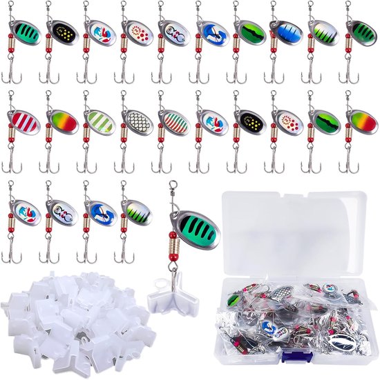 SnelShoppen - 24 Pcs Spinner Fishing Bait Set, Metaal Vissen met 24 Haak Covers, Flitsend Licht, Geschikt voor Snoek, Zander en Forel, Inclusief Opber van Snelshoppen