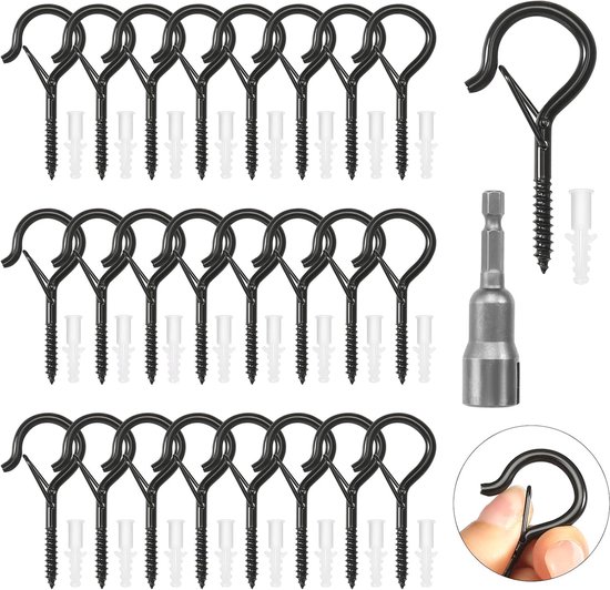 SnelShoppen - 25 Pcs Screw Hooks - Robuuste M4 Ceiling Hooks - RVS Hanghaken voor Hammocks, Plant Baskets, String Lights - Zwart, Duurzaam en Roestvri
