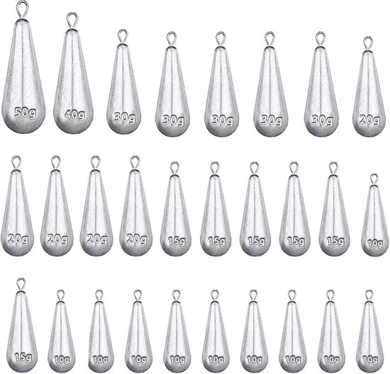 SnelShoppen - 28Pcs Zeevis Gewichten Set - Lood Gewichten voor Zoutwater en Zoetwater, Diverse Herbruikbare Rotatie Zinkers 10g/15g/20g/30g/40g/50g