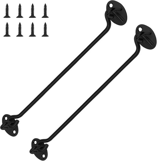 SnelShoppen - 2pcs Storm Hooks 350mm met Oog, RVS Deursluiting, Zwarte Lock Hooks met 8 Schroeven, Voor Thuis, Tuin, Hek