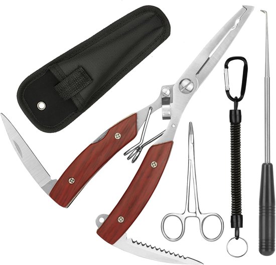 SnelShoppen - 3-delige Draagbare Visuitrusting met Lanyard, Gebogen Forceps, Ontsnappingsgereedschap en Nylon Beschermhoes - Multifunctioneel Haakverw