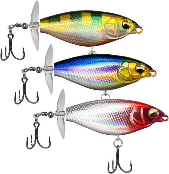 SnelShoppen - 3 stuks drijvend kunstaas met roterende staart, topwater kunstaas voor snoek, baars en baars, zoet en zout water, BKK haken, perfect vis
