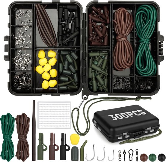 SnelShoppen - 300 Stuks Visaccessoires Karper Set - Vishaken, Anti-Klit Hulzen, Diverse Viswartels, Karper Hair Rigs, Visharing Kralen, Rubber Stopper