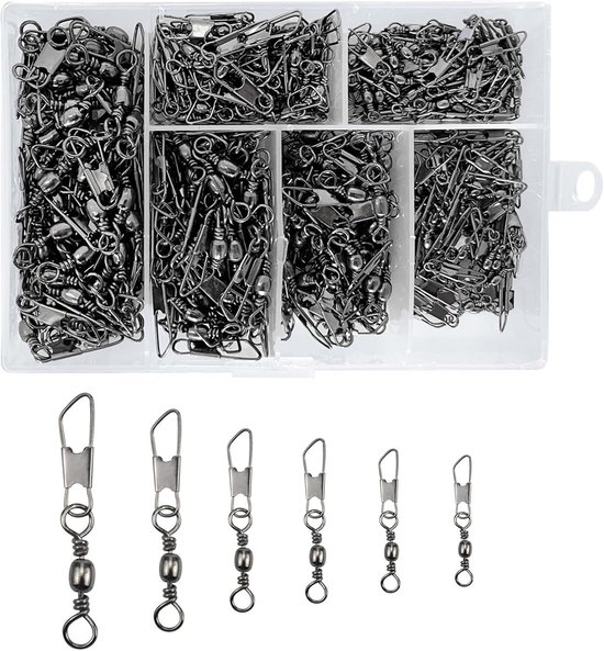 SnelShoppen - 300pcs Vis Hengel Accessoires Set, Vertebra met Kogellager, Swirl Karabijnhaak en Sorteringsdoos, 6 Maten 5# 7# 8# 10# 12# 14# voor Viss