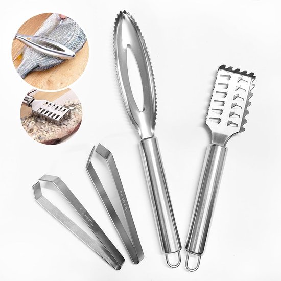 SnelShoppen - 4-delige Set Vis Schubben Verwijderaar en Visbeen Tweezers RVS, 2 x Professionele Vis Schrapers + 2 x Haringbeen Verwijderaar, Keuken Vi