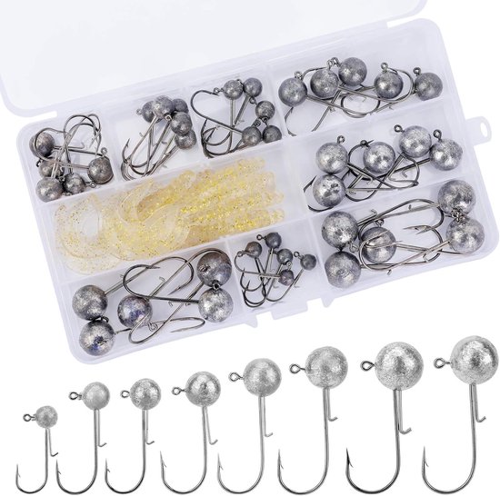 SnelShoppen - 40 Stuks Ronde Jigkoppen voor Rubber Vissen, Inclusief 10 Stuks Rubber Vissen, Diverse Gewichten van 2g tot 10g, Perfect voor Roofvissen