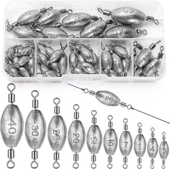 SnelShoppen - 45 Visgewichten met Swivel in 10 Gram - Hoogwaardige IJzeren Hengelsport Accessoires - Diverse Gewichten voor Effectief Vissen