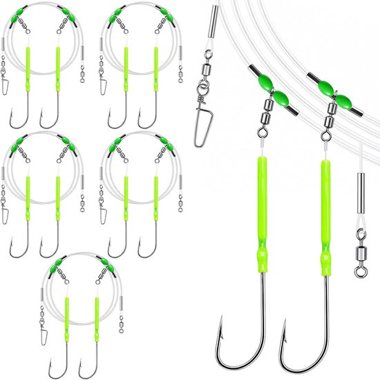 SnelShoppen - 5 Stuks Flapper Rig Zeevis Leiders, 120 cm Vooraf Gemonteerde Dubbele Haak Set met Swivel en Snelle Veranderhaak voor Strand- en Kustvis