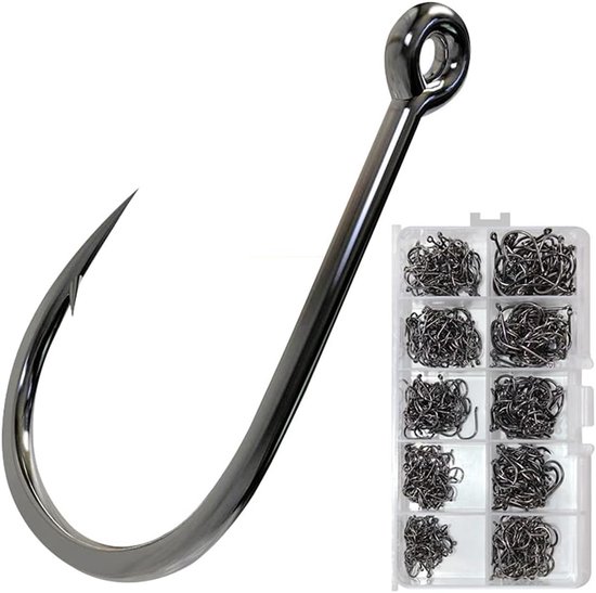SnelShoppen - 500 Stuks RVS Zeevis Haken - Maat 2#-12# - Extra Sterke Langschaaf J Haken - Super Scherp voor Chunking, Jigging, Trollen, Live Bait