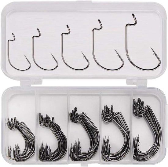 SnelShoppen - 50pcs Vissen Haken Hoog Koolstofstaal Worm Soft Bait Jig Haken met Plastic Box - Sterke en Corrosiebestendige Haken voor Visserij