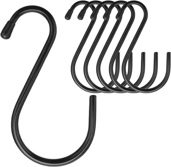 SnelShoppen - 6 pcs S Hooks Large Heavy Duty 14.5cm Zwarte Haken | Metaal, Tot 20 kg Belastbaarheid, Antislip Ontwerp voor Keuken, Badkamer, Kantoor