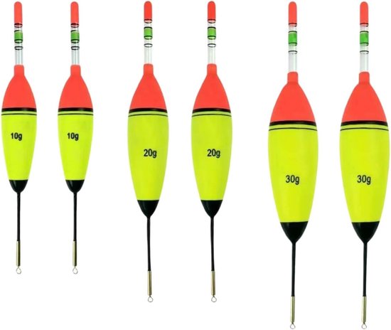 SnelShoppen - 6 stuks lichtgevende hengeldobbers, EVA-schuim dobbers, visdobbers voor snoek, baars en karper (10g, 20g, 30g) in oranje, geel en zwart