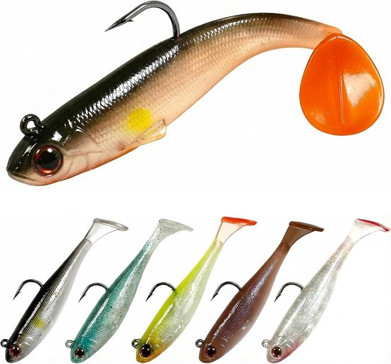 SnelShoppen - 6 Stuks Vooraf Geassembleerde Zachte Plastic Aas, Jig Hoofd Zachte Vissersaas, 9cm 12g Paddle Tail Swimbaits Aas, Jerk Bait Aas Voor Baa