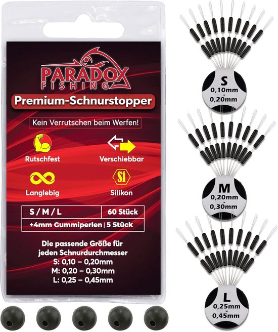 SnelShoppen - 60 Premium Lijnstoppers van Siliconen voor Vissen - 3 Maten S/M/L - 20 Stuks per Maat - 5 Rubber Kralen 4mm - Perfect voor Dobbers, Viss