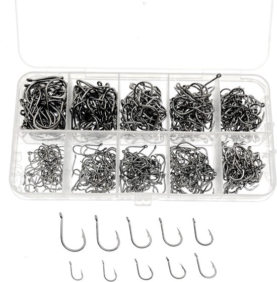 SnelShoppen - 600pcs Assorted Fishing Hooks - Carbon Steel Barbed Visserij Haakjes met Ogen in Plastic Opbergdoos - Maten 3 t/m 12 voor Hoge Vangst Ka