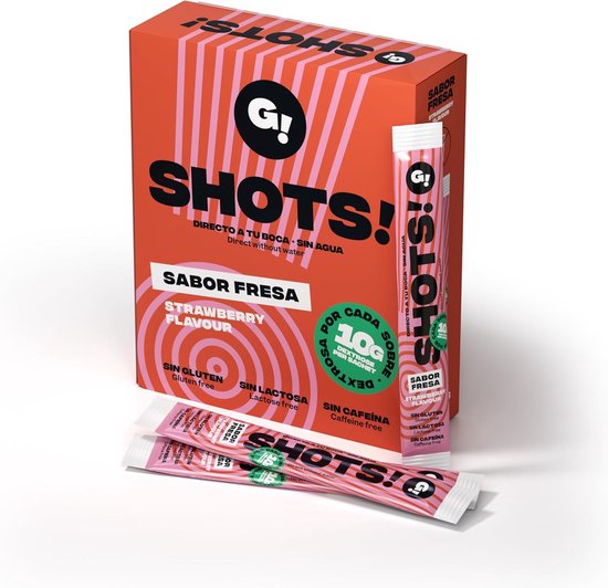 SnelShoppen - Box SHOTS glucose voor hypoglykemieën (10 zakjes x 10g) – Aardbei, Snelwerkend, Glutenvrij, Lactosevrij, Energietoevoer voor Kinderen, F