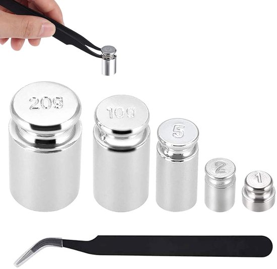 SnelShoppen - Calibration Gewichten Set 5 Stuks - Precisie Gram Gewichten (1g, 2g, 5g, 10g, 20g) - Hoogwaardige Chroom Staal - Inclusief Pincet voor K