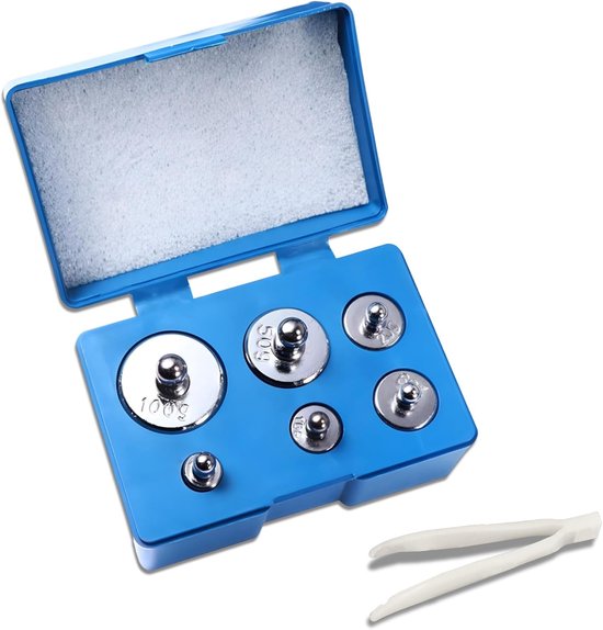 SnelShoppen - Chromen Kalibratiegewichten Set 205g - 6 Stuks (100g, 50g, 2x 20g, 10g, 5g) met Tangen voor Digitale Weegschalen & Juweliers
