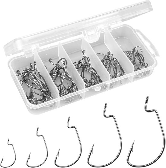 SnelShoppen - Complete Fishing Hooks Set - 50 Offset Jig Hooks in 5 Maten met Opbergdoos voor Zoet- en Zoutwater, Perfect voor Soft Bait en Jigging Vi