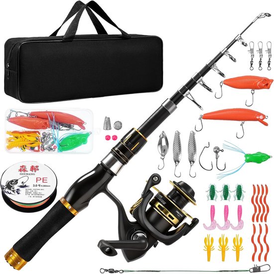 SnelShoppen - Complete Visset 1.8m Telescopische Hengel met Spin Reel, Carbon Fiber, 16 Soft Lures, 100m Vissnoer, Accessoires en Draagtas voor Zoet-
