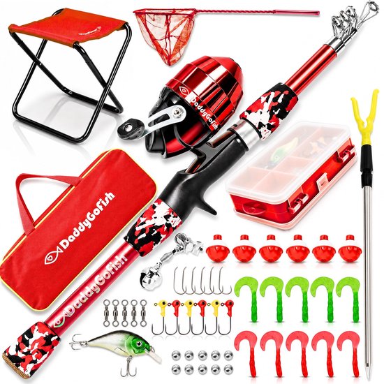 SnelShoppen - DaddyGoFish Kinder Hengel - Telescopische Hengel & Haspel Combo met Inklapbare Stoel, Hengelhouder, Tackle Box, Aas Net en Draagtas voor