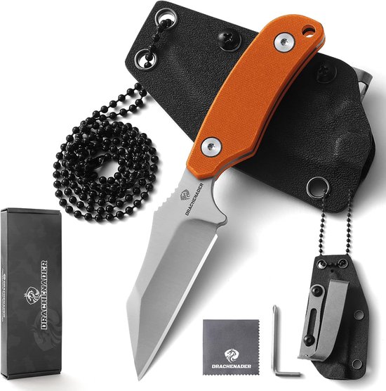 SnelShoppen - DRACHENADER Small X-WH Neck Knife - 7.5cm Wharncliffe D2 Staal Vastblad - Mini Full Tang Mes met Kydex Schede, Ball Chain en Belt Clip v