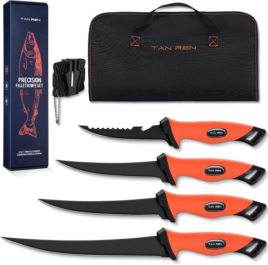 SnelShoppen - Filleting Knife Set voor Vissers - 3 Stuks Fillet Messen met Antislip Handvat, Volle Tang, Inclusief Slijper en Opbergzak - Perfect voor