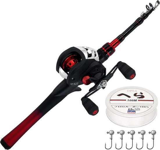 SnelShoppen - Hengel en Haspel Combo 5 voet - Baitcasting Hengel en Reel Set - Duurzame Glasvezel Telescopische Hengel - Ideaal voor Walleye, Perch, C