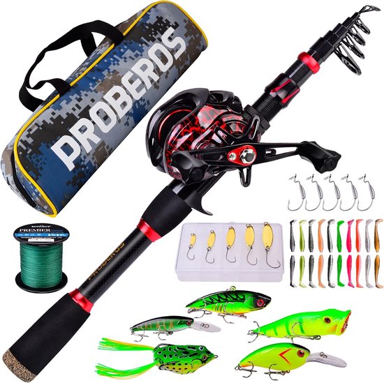 SnelShoppen - Hengel en Haspel Combo 7ft Telescopische Spincast Hengel met Rechtshandige Baitcasting Reel, Zee en Zoetwater Visgerei Set voor IJs, Baa
