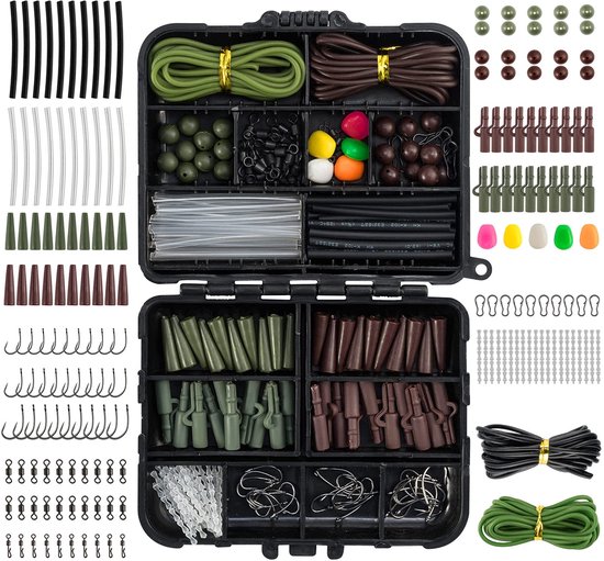 SnelShoppen - Karpervisset 219-delig met visparels, rubberen staarten, veiligheidsklemmen, lood, haak en draaischarnier in groen bruin - Perfect voor