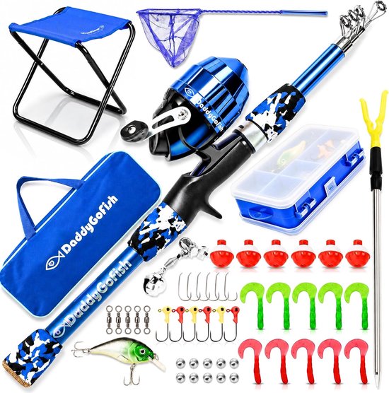SnelShoppen - Kids Fishing Rod and Reel Set met Opvouwbare Stoel, Hengelhouder, Aasnet, Tackle Box en Draagtas - Perfect voor Kinderen, Camping en Bui