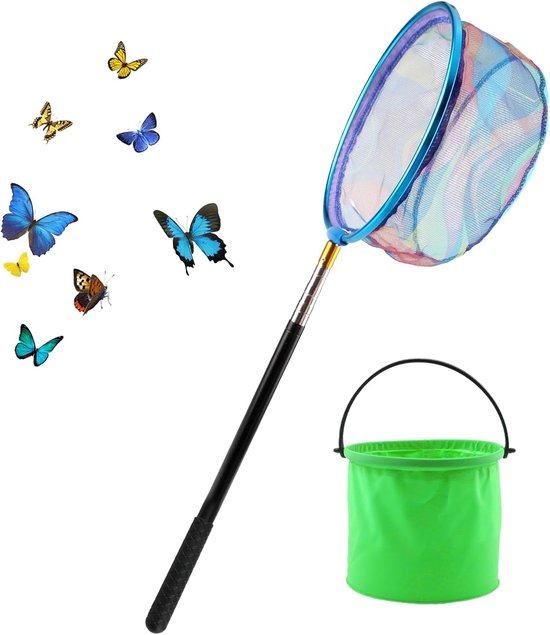 SnelShoppen - Kinder Landing Net, RVS, Uittrekbaar Vissen Net voor Kinderen, Telescopisch 66-173 cm, Inclusief Vouwbare Kleine Emmer voor Buiten, Park