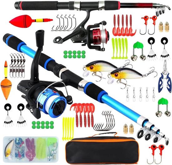 SnelShoppen - Kindervissen Set, 2-delige Startset met Telescopische Hengels & Aas, Compleet Visserspakket met Draagtas voor Kinderen & Tieners, Perfec