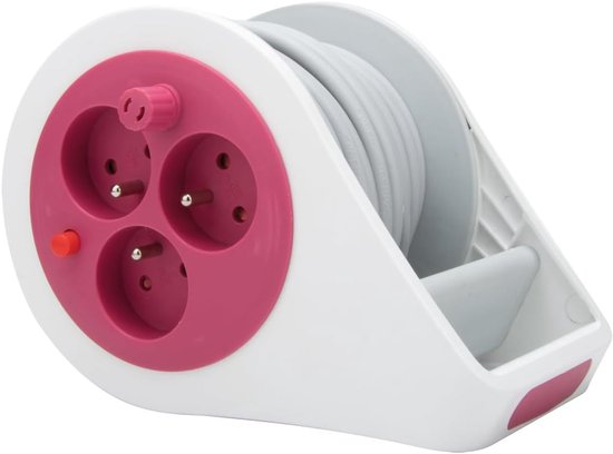 SnelShoppen - Mini Reel met 3 Sockets 2P+T, 7 m, Compact en Veilig voor Thuis, Tuin, Camping, Feest, Roze