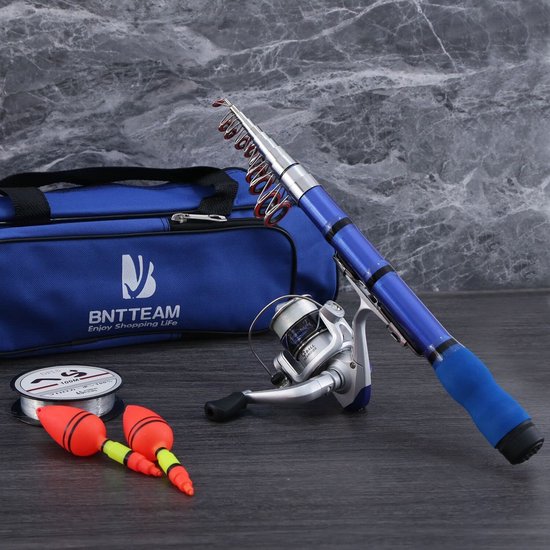 SnelShoppen - Mini Spincasting Hengelset met Telescopische Zeehengel, 1,7 m, 99% Koolstofvezel, Draagbare Hand- en Crossbody Box, Blauw, Inclusief Kun