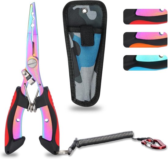 SnelShoppen - Multicolor RVS Vis Pliers, Visgereedschap met Split Ring, Haak Verwijderaar, Lijn Snijder, Bescherming en Lanyard, Zeewaterbestendig, Pe