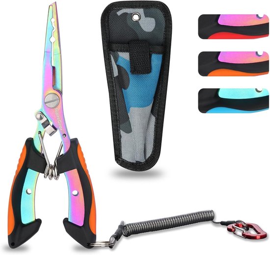 SnelShoppen - Multicolor Vis Pliers, RVS Gereedschap met Split Ring, Haak Verwijderaar, Lijn Cutter, Sheath en Lanyard, Zoutwaterbestendige Visserij T
