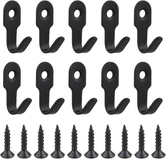 SnelShoppen - Pack van 10 Mini Wandhaken Kledinghaken Zwarte Enkelhaken Metaal Kast Haken Klein met 10 Schroeven voor Toetsenbord, Slaapkamer, Woonkam