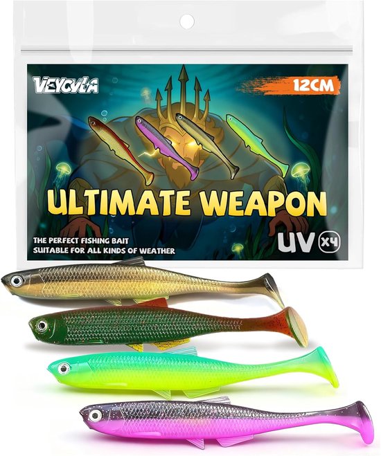 SnelShoppen - Rubber Bait Zander Set 12cm - 4 Stuks UV Actieve Zander & Snoekbaars Aas - Perfect Voor Zoetwatervissen - Realistische Beweging