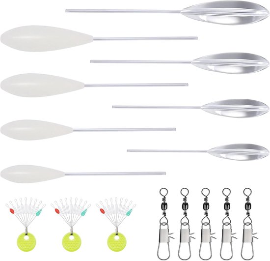 SnelShoppen - Sbirolino Set van 16 Stuks - 8 x Sbirolino (4x Drijvend, 4x Zinkend) - 8g, 10g, 15g, 20g - 5 x Triple Vertebrae & 3 Maten Koordstopper -