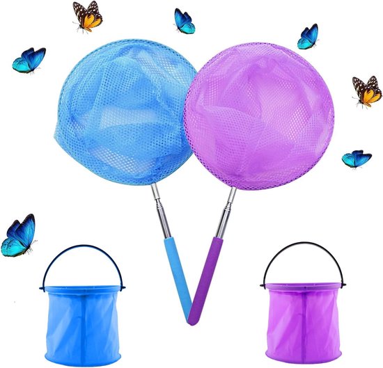 SnelShoppen - Schepnet voor Kinderen met 2 Opvouwbare Emmers, Telescoop 36-83,5 cm, Nylon, Outdoor Tuinactiviteit, Camping, Spelen, Blauw/Paarse Kleur