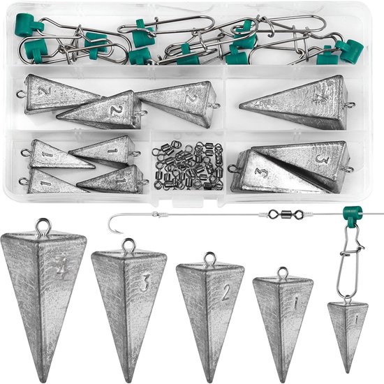 SnelShoppen - Set van 10 Piramidevormige Vistuigen – 28g, 56g, 85g, 113g voor Strand- en Zeevisserij, Inclusief 10 Lood Sliders & 20 Swivels, Geschikt