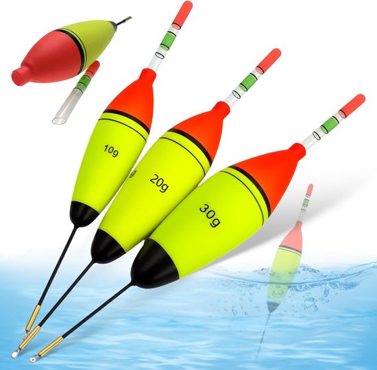 SnelShoppen - Set van 9 Luminous Vissen Floats, 10 g, 20 g, 30 g, Fluorescerende Kleuren, Geschikt voor Nachtvissen, Zout- en Zoetwatervissen