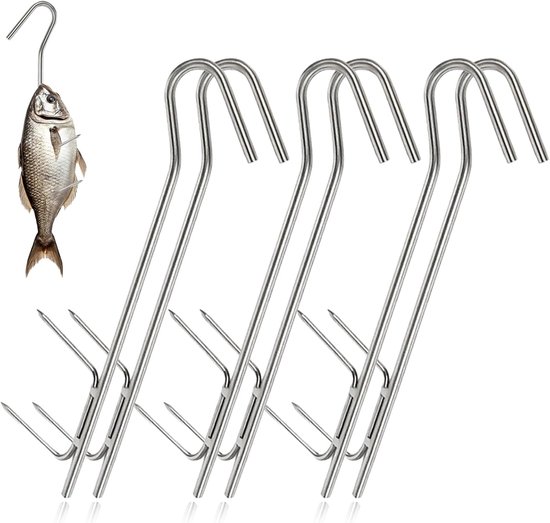 SnelShoppen - Smoke Hooks Set van 6 Stuks, RVS, 21 cm Lange Rookhaken voor Vissen, Vlees, Zalm, Forel, Worst - Duurzaam en Sterk
