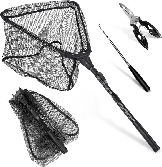 SnelShoppen - Telescopische Landing Net Vissen met 1 Stuk Vissers Tang en 1 Stuk Haak Ontbinder, 90cm Rubber Net, Trout Landing Net voor Karper, Zalm,
